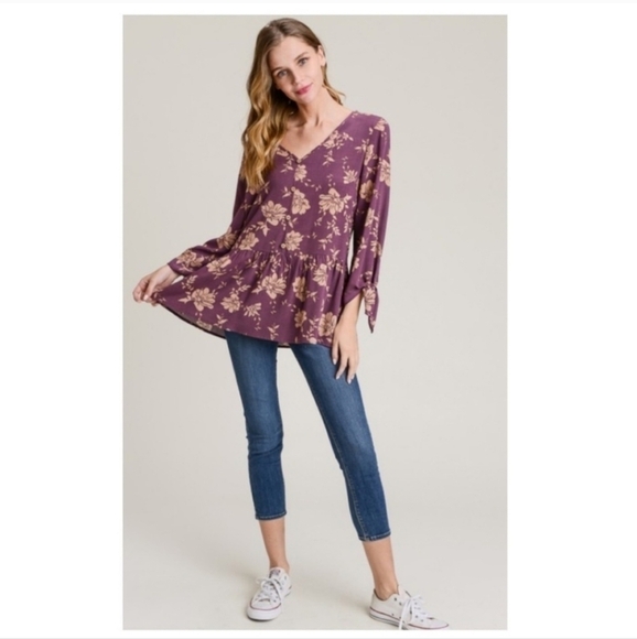 💚HP💚Bohemian V-Neck Floral Plum Tie-Sleeve Peplum Top - Picture 6 of 6